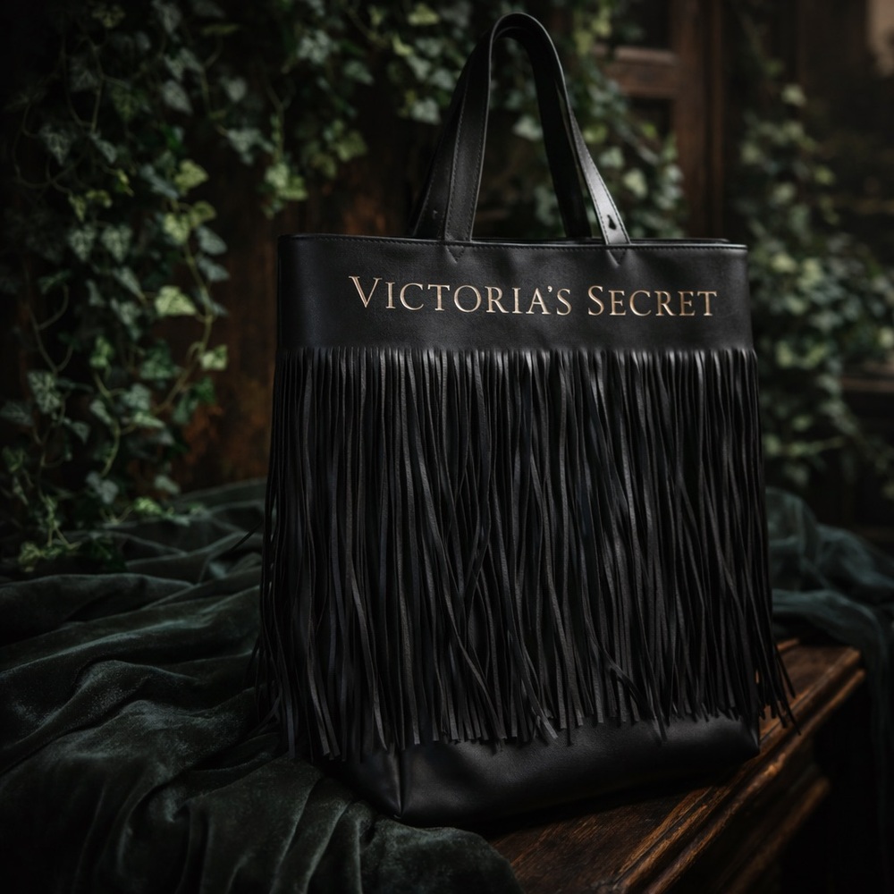 Victoria’s Secret Black Fringe Tote Bag | Faux Leather Large Boho Shopper